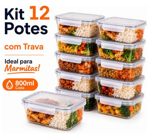 Kit 12 Potes Marmita Com Trava Lateral Freezer Microondas