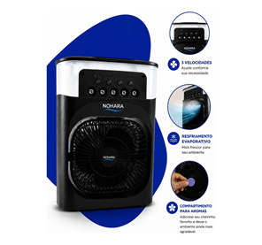 Climatizador de Ar NOHARA Mini Portátil 26cm com Ventilador Umidificador 600ml Timer 3 Velocidades LED RGB para Escritório Quarto Sala Cozinha Dormitório Preto
