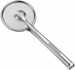 Escumadeira Inox 29cm com Pegador e Pinça Integrada Peneira para Fritura e Escorrer Óleo com Precisão Segura e Praticidade nas Frituras
