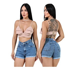 Shorts Feminino Curto Jeans Cintura Alta Barra Dobrada